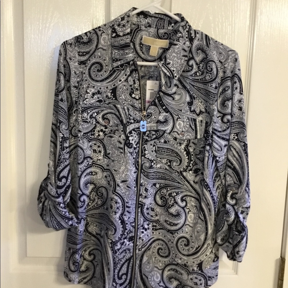 NWT Michael Kors 3/4 Sleeve Navy Patterned Blouse